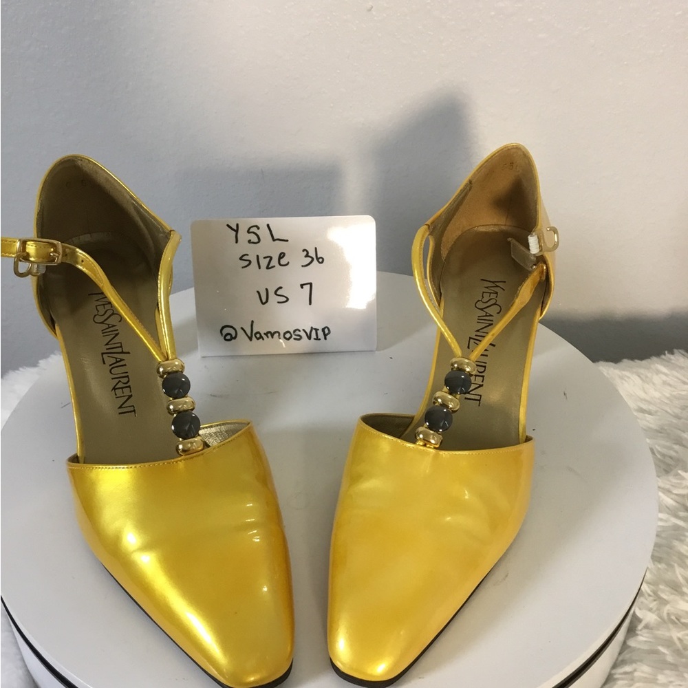 Yves Saint Laurent Yellow T-Strap Satin Pointed Pumps with Bead Accents